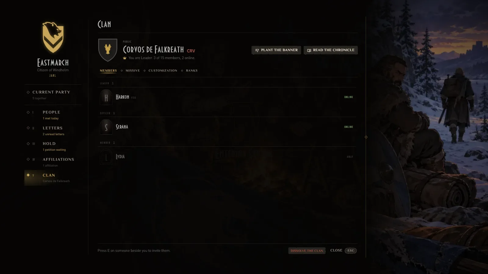 The clan menu, with members grouped by rank