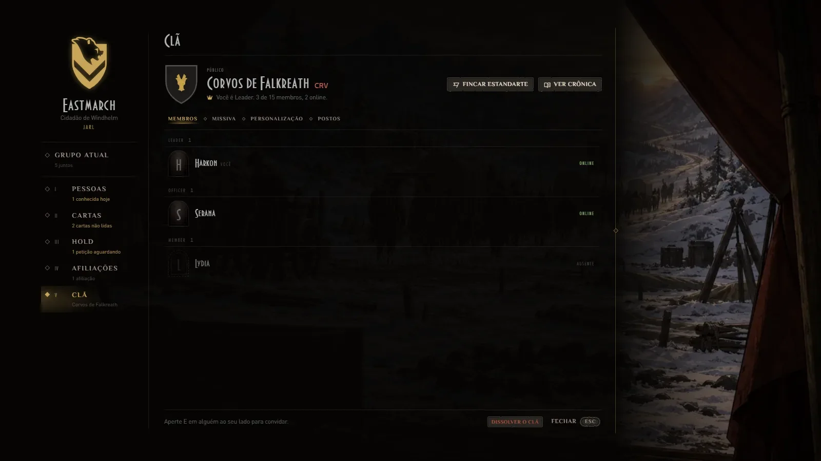 O menu do clã, com os membros agrupados por cargo
