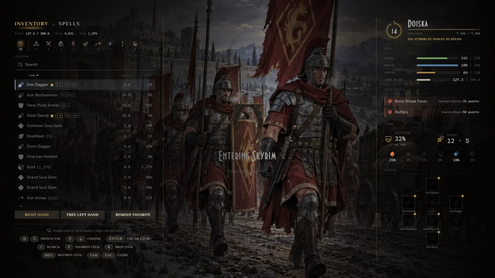 The inventory with the combat sheet beside it, showing the protection and damage applied