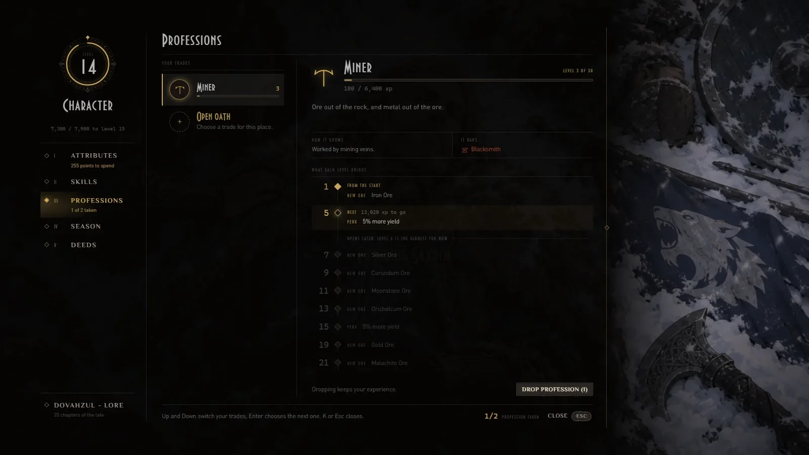 The Miner’s professions tab, with what each level opens: new ores and yield perks