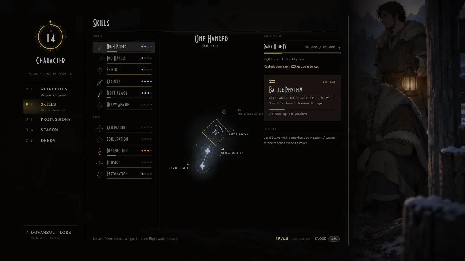 The new skills menu, with the trees on the side and the One-Handed constellation open
