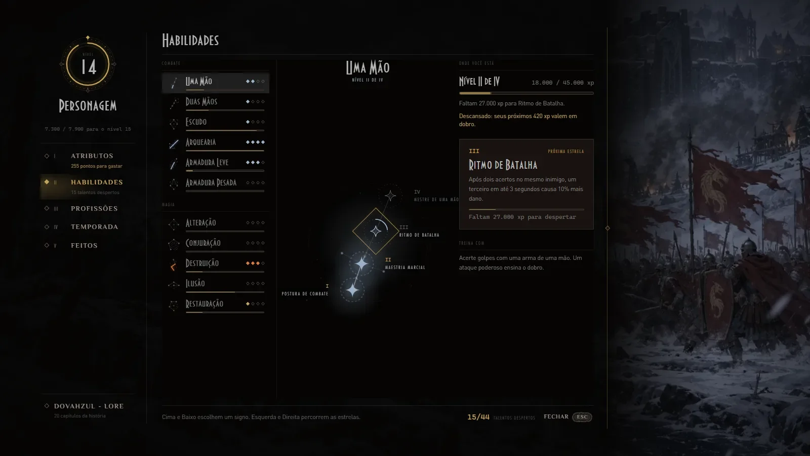O novo menu de habilidades, com as árvores na lateral e a constelação de Uma Mão aberta