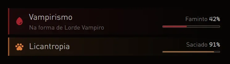 O painel de efeitos mostrando vampirismo e licantropia